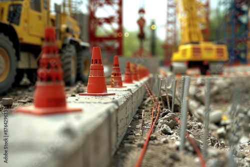 Construction site with cranes, tractors, and concrete walls in detailed 3d illustration style