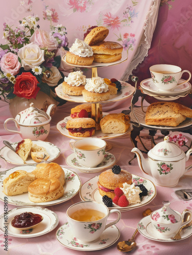 Afternoon Tea Party with Delectable Treats - A classic english afternoon tea party setting with teacups, scones, pastries and a teapot, surrounded by floral decor and elegant china. © Nima