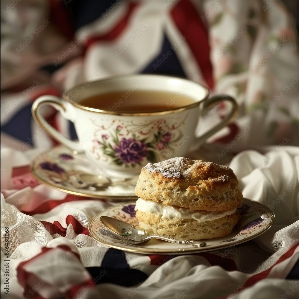 Afternoon Tea with Scones and Tea - A close-up of a scone with cream, accompanied by a cup of tea and a floral patterned teacup, set on a white tablecloth with red and white accents.