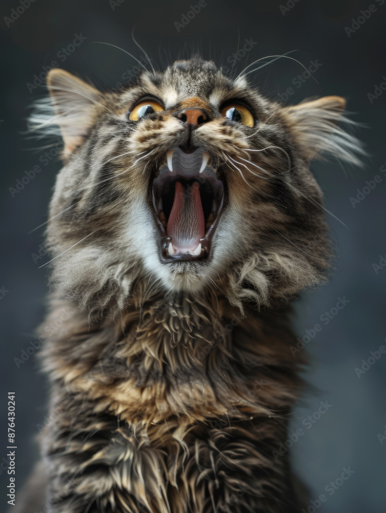 A Cat's Yowl - A close-up portrait of a cat with its mouth open, revealing its teeth and a yowl A Cat's Yowl - A close-up portrait of a cat with its mouth open, revealing its teeth and a yowl