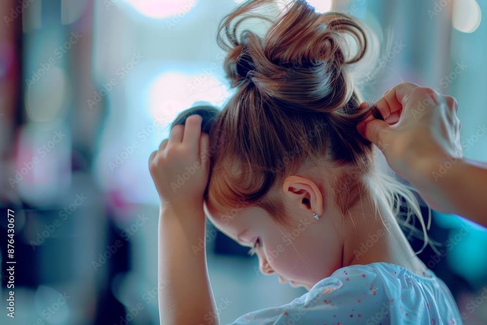 Fototapeta premium Hair stylist crafting elegant hairdo for young girl with long hair at upscale salon