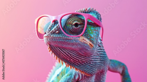 colorful chameleon with stylish pink glasses generative ai