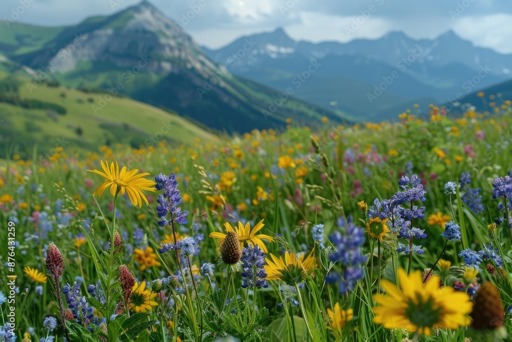 Fototapeta premium Wildflowers Blooming in a Mountain Meadow - A field of vibrant wildflowers blooms in a mountain meadow, with a backdrop of majestic mountain peaks.