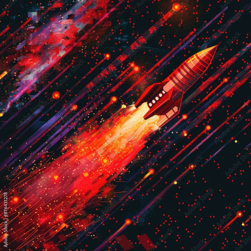 Naklejka premium Red Rocket Launch Through The Stars - A fiery red rocket blasts off into a galaxy of sparkling stars, leaving a trail of red and orange smoke in its wake.
