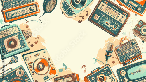 Vibrant National Radio Day banner with vintage radios in sepia, pastel blue, and burnt orange. Add musical notes, microphones, and radio waves, with a background of vinyl record or sound wave patterns