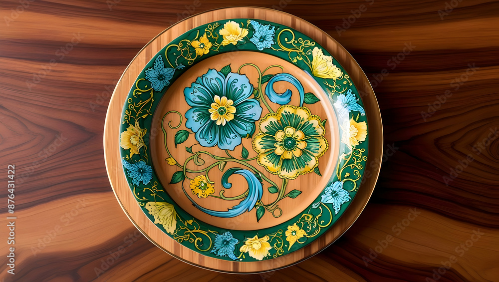 a wooden plate with a colorful design. a wooden plate with a colorful design.