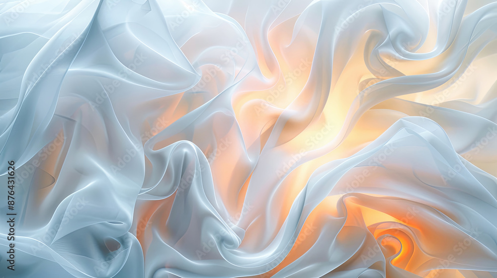 Fototapeta premium Abstract, Background, Blue, White, Orange, Swirls, Flowing, Fabric, Cloth, Texture, Pattern, Smooth, Elegant, Soft