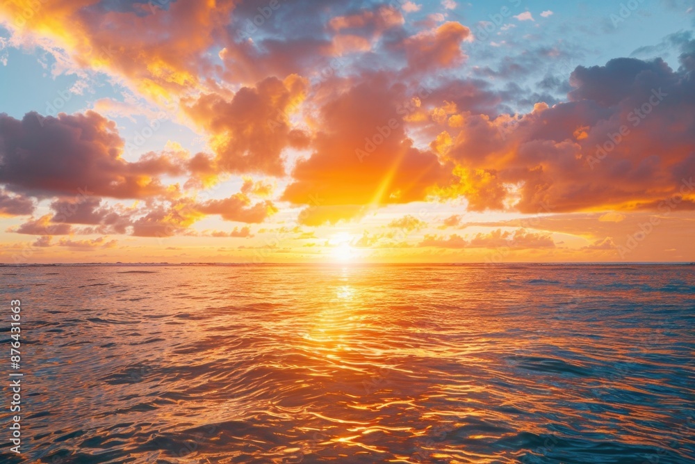 Fototapeta premium A serene sunset scene with clouds covering half of the sky, overlooking the calm ocean