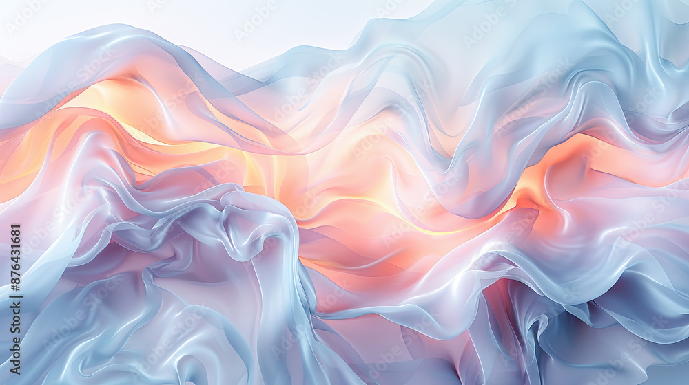 Obraz premium Abstract, Flowing, Pastel Blue and Orange Fabric Background, Elegant Drapery, Soft, Romantic, Dreamlike, Texture, Pattern, Wallpaper, Backdrop