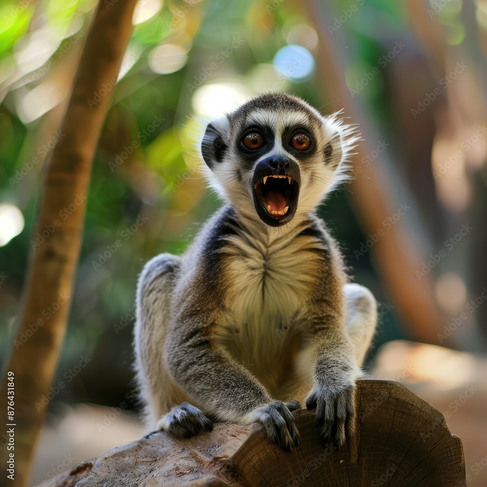 Lemur Yawn in the Forest - A lemur sits on a branch in the forest with its mouth wide open, showing its teeth. It's a close-up portrait showing the fur, eyes and mouth of the lemur. Lemur Yawn in the Forest - A lemur sits on a branch in the forest with its mouth wide open, showing its teeth. It's a close-up portrait showing the fur, eyes and mouth of the lemur.