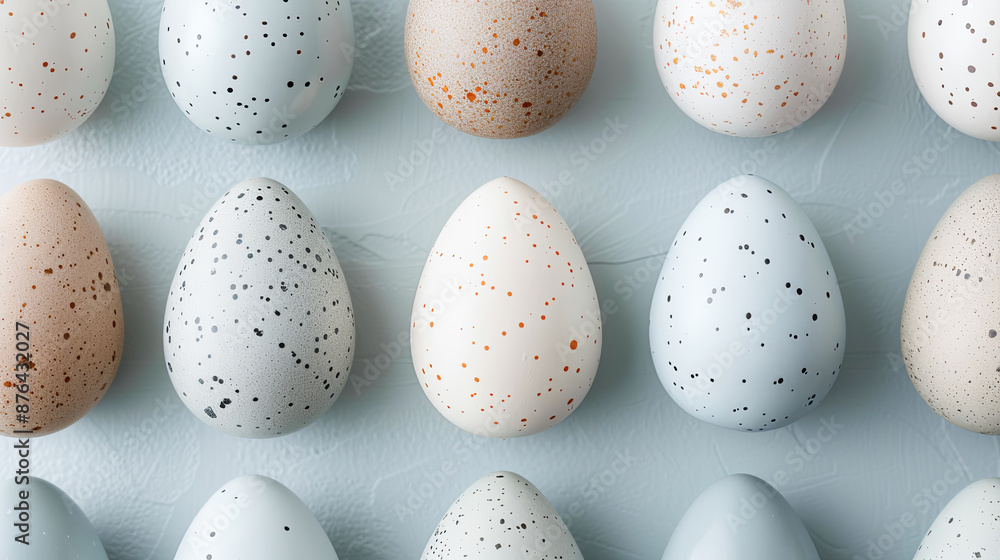 Modern Easter Eggs Background With Speckled White and Beige Eggs in Rows on Light Green Surface Flat Lay overhead View Modern Easter Eggs Background With Speckled White and Beige Eggs in Rows on Light Green Surface Flat Lay overhead View