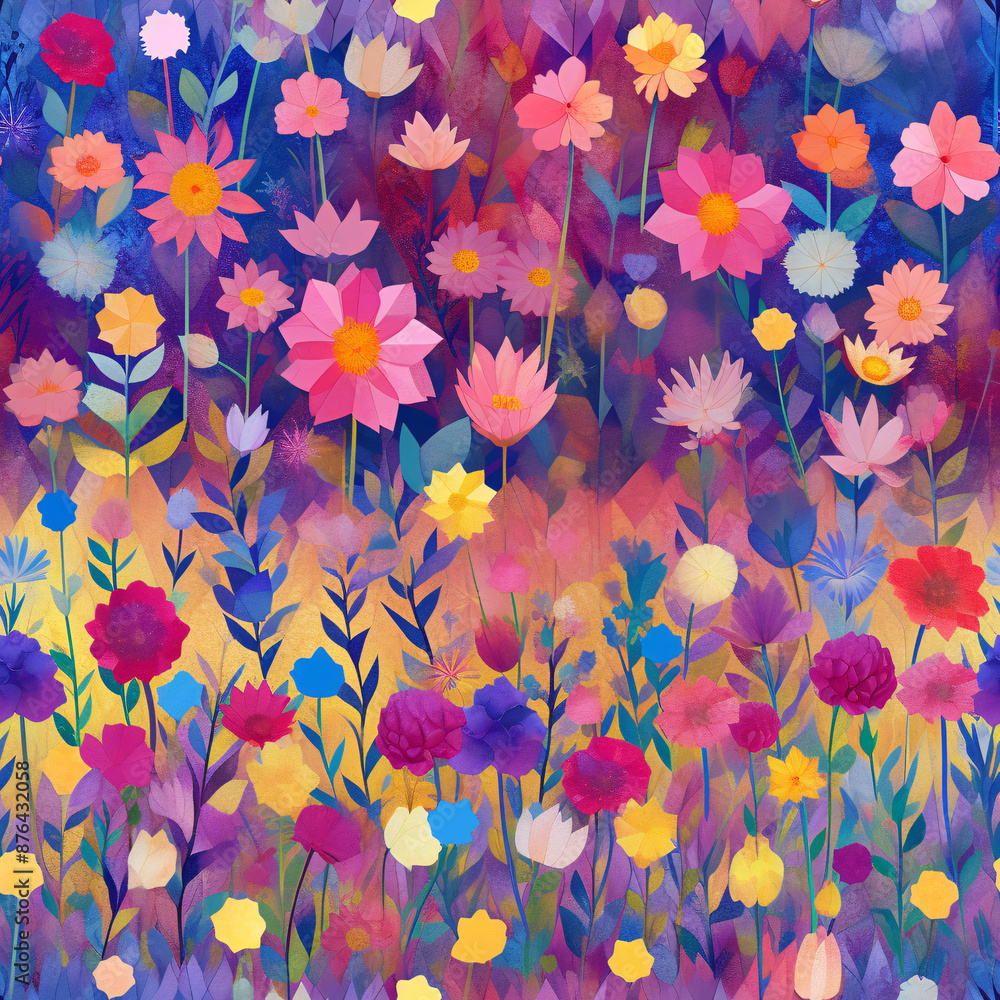 Polygonal artistic pattern of flower meadows, with different types of field flowers, bright and pastel colors (tile) Polygonal artistic pattern of flower meadows, with different types of field flowers, bright and pastel colors (tile)