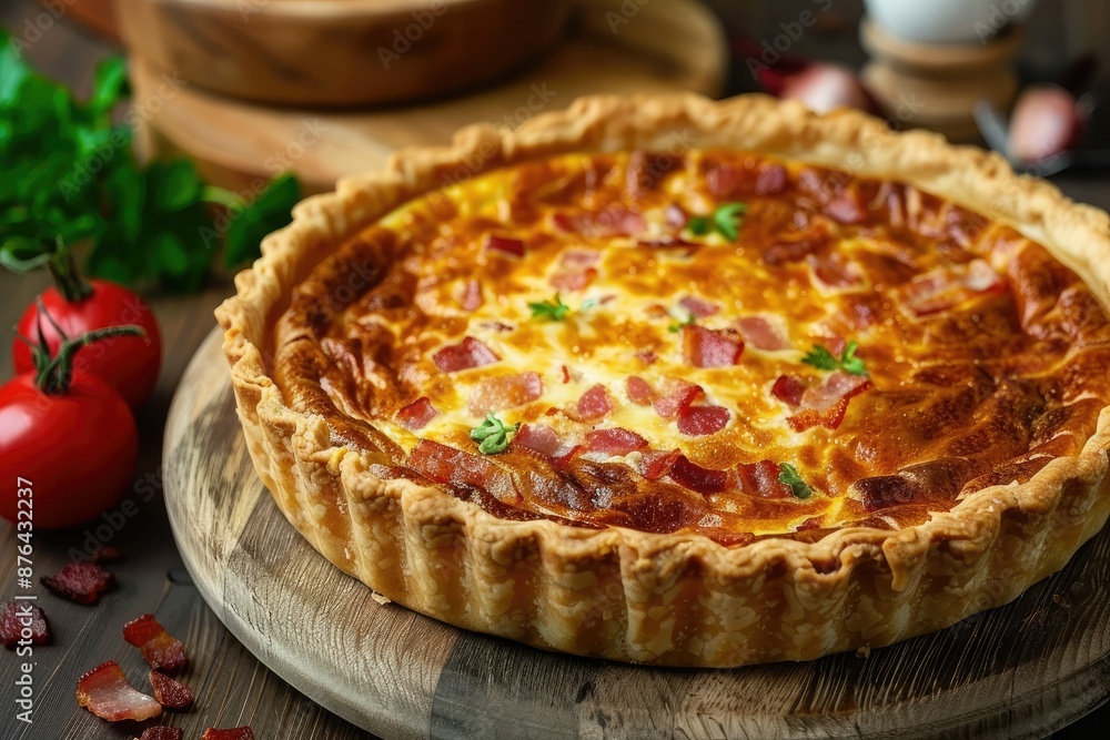 A Crusty Quiche With Bacon and Greens - A perfectly baked quiche with bacon, cheese, and parsley, ready to be enjoyed A Crusty Quiche With Bacon and Greens - A perfectly baked quiche with bacon, cheese, and parsley, ready to be enjoyed