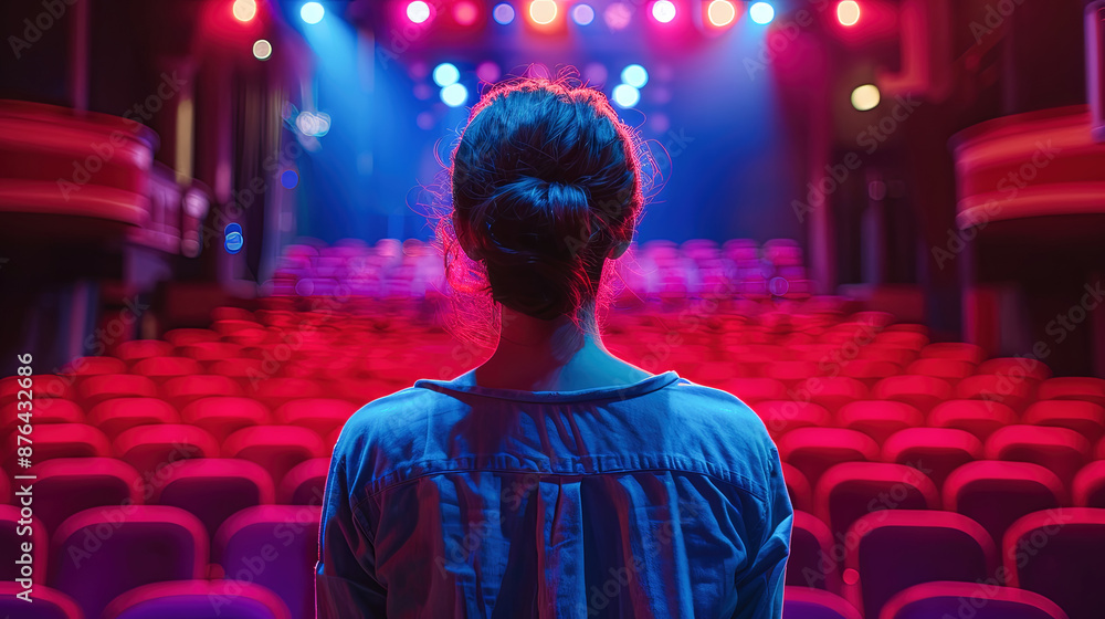 Obraz premium Woman Standing Alone in Empty Theatre with Red Seats and Blue Stage Lights