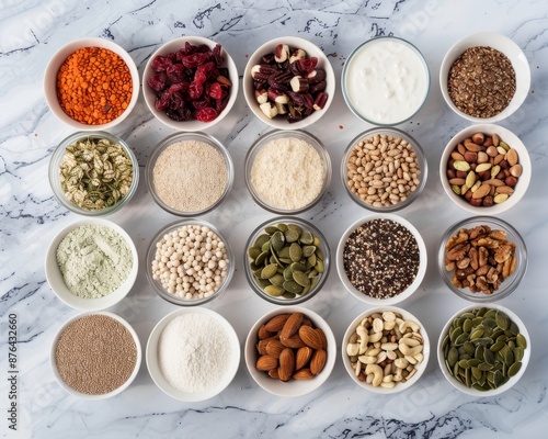 High protein health foods with grains, veggies, almond yogurt, nuts, seeds, supplements