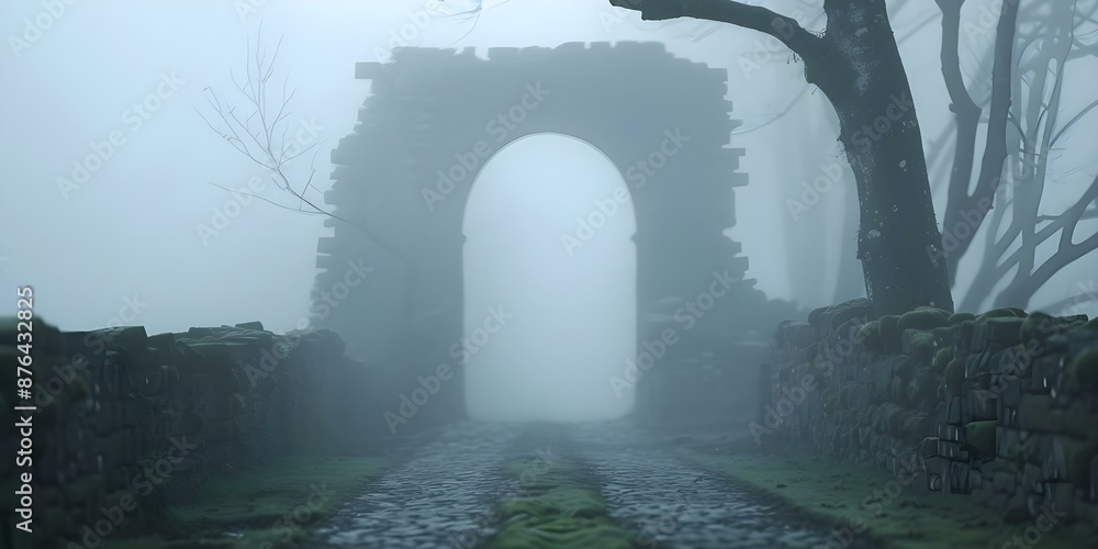 Fototapeta premium Misty ancient ruins with overgrown paths and mysterious fog create a sense of mystery. Concept Ancient Ruins, Overgrown Paths, Mysterious Fog, Mystery Theme