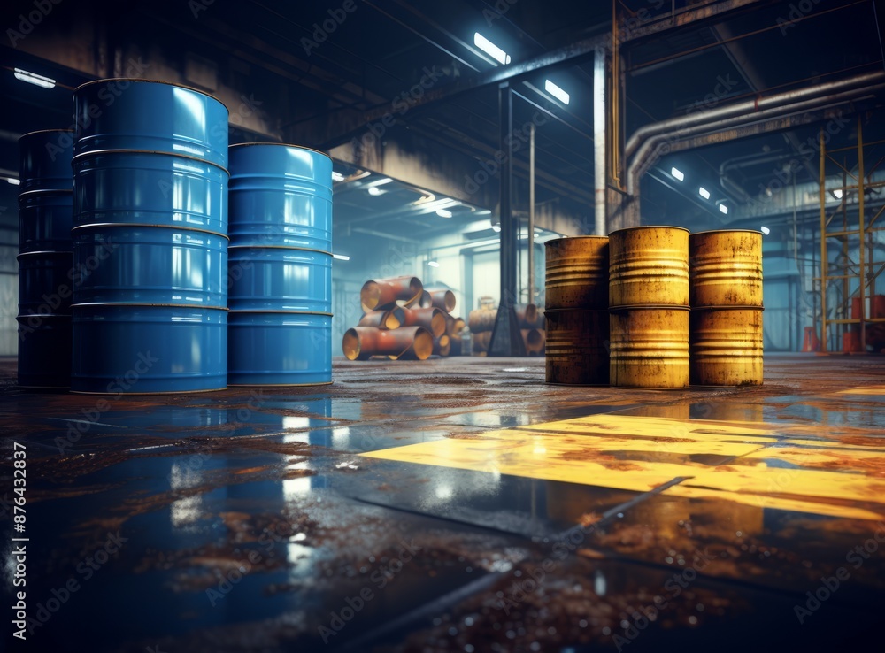 Stacks of blue industrial barrels for storing liquids or chemicals in a warehouse. Stacks of blue industrial barrels for storing liquids or chemicals in a warehouse.