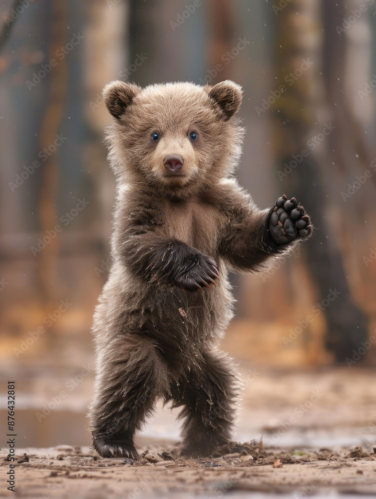 Fototapeta premium A Curious Bear Cub Standing Tall - A small brown bear cub standing on its hind legs, looking directly at the camera, in a forest setting.
