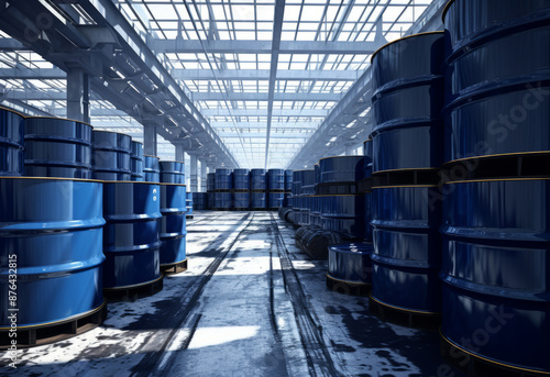 Stacks of blue industrial barrels for storing liquids or chemicals in a warehouse. © Darcraft