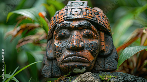 Ancient Mayan Stone Head Sculpture in Lush Tropical Rainforest Garden Setting photo