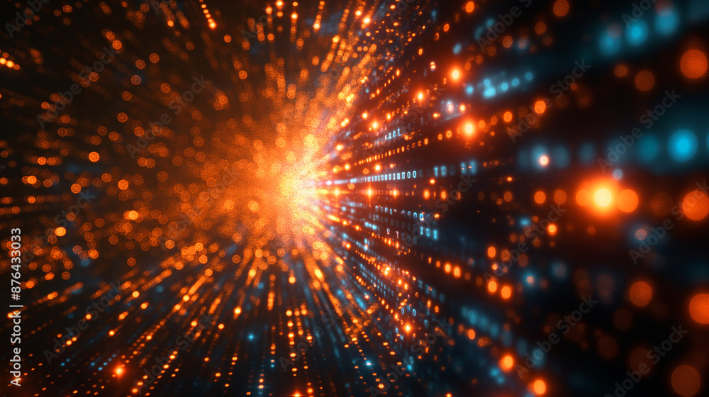 Abstract background with light, orange and blue pattern of dots and lines in a glowing burst. Abstract background with light, orange and blue pattern of dots and lines in a glowing burst.