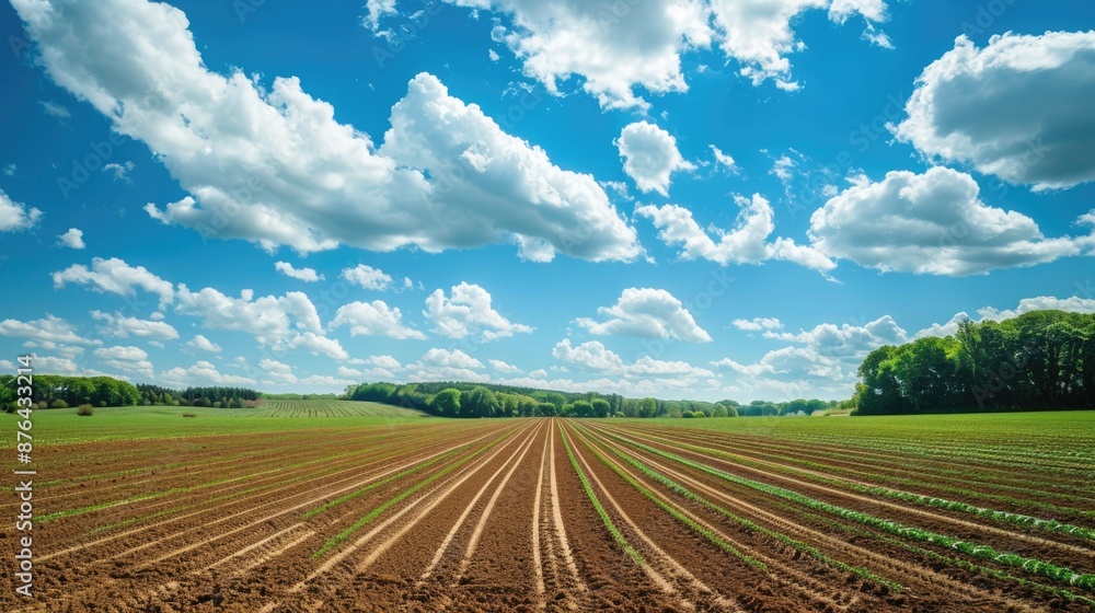 Agricultural landscape with planted fields and cloudy blue sky Agricultural landscape with planted fields and cloudy blue sky