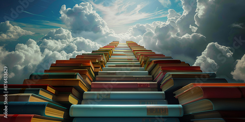 Books stacked against sky ladder reaching top Symbolizing learning and progress Concept Bookish Inspiration Sky39s the Limit Education and Growth Reaching New Heights Knowledge is Power