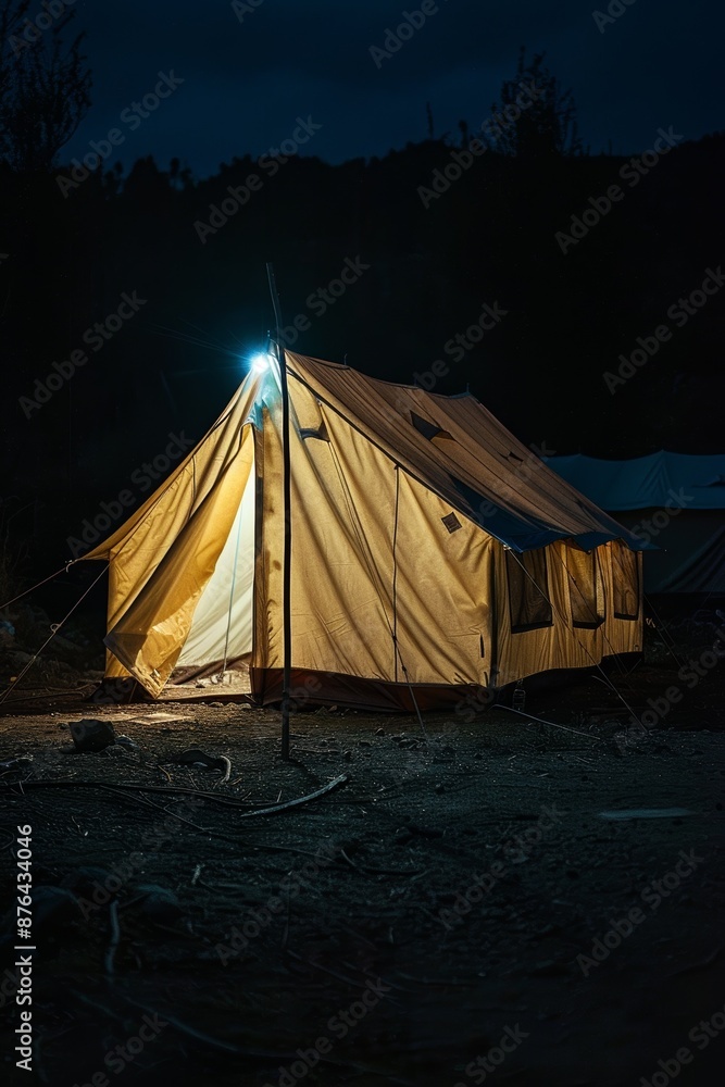 Illuminated tent in a dark forest at night, concept of camping, adventure, and solitude Illuminated tent in a dark forest at night, concept of camping, adventure, and solitude