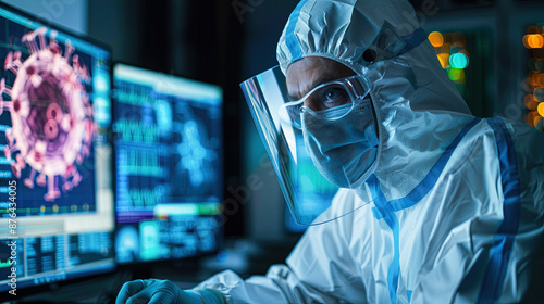 Serious Medical Scientist in Protective Wear Using Computer for Virus Analysis While Working in High Tech Research Laboratory at Night. Concept for Researching Virus Mutations, Vacciness