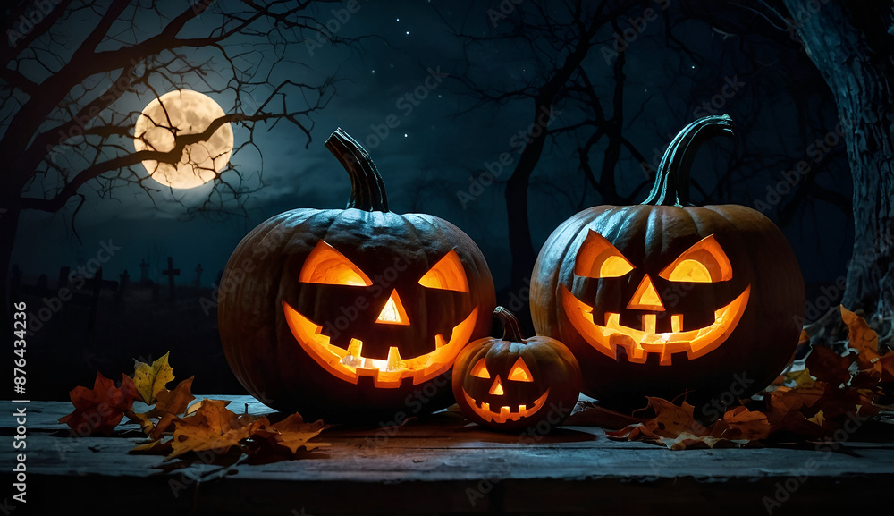 Halloween pumpkin head jack lantern with burning candles, Spooky Forest with a full moon and wooden table, Pumpkins In Graveyard In The Spooky Night - Halloween Backdrop. Ai Generative Halloween pumpkin head jack lantern with burning candles, Spooky Forest with a full moon and wooden table, Pumpkins In Graveyard In The Spooky Night - Halloween Backdrop. Ai Generative