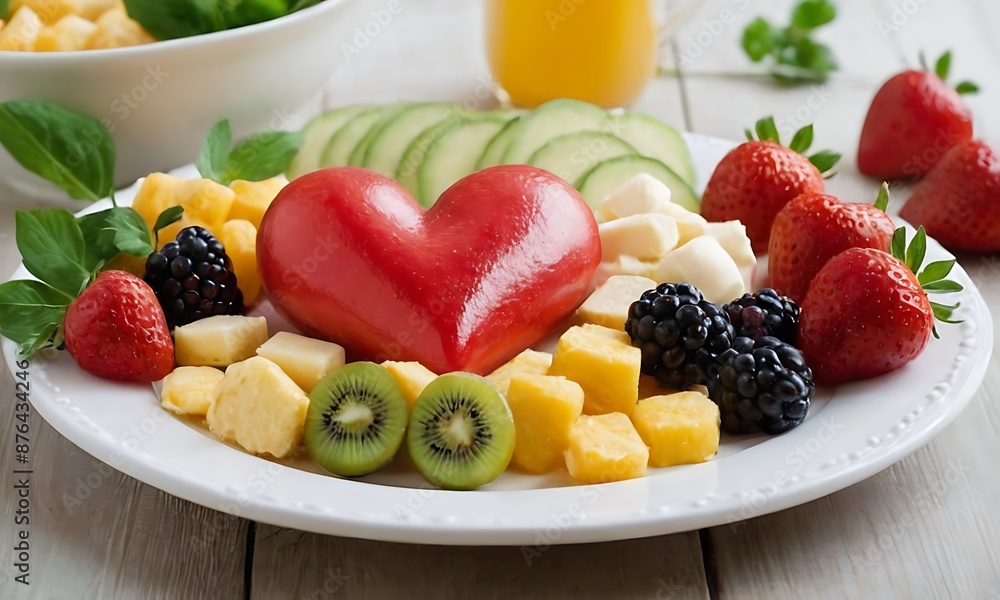 heart-shaped arrangement made from various fruits and vegetables. The center is a large, red strawberry forming the heart's base. Other colorful fruits and vegetables surround the strawberry, includi heart-shaped arrangement made from various fruits and vegetables. The center is a large, red strawberry forming the heart's base. Other colorful fruits and vegetables surround the strawberry, includi