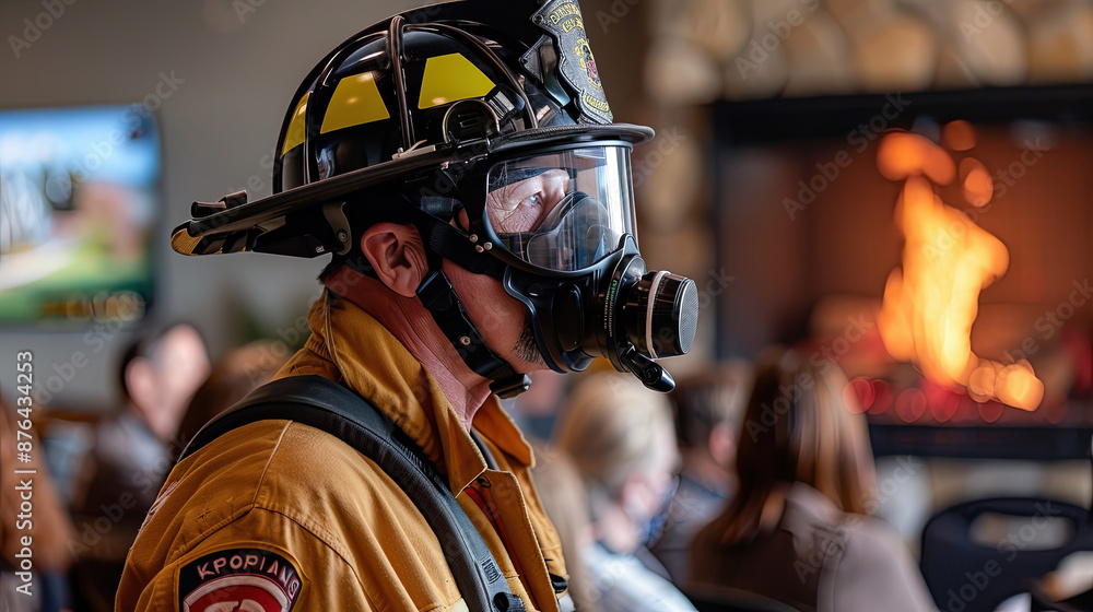 Firefighter in Full Gear with Oxygen Mask at Community Event with Fireplace in Background Firefighter in Full Gear with Oxygen Mask at Community Event with Fireplace in Background