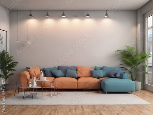 modern living room with large sofa and spotlights