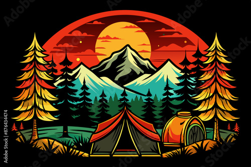Camping exclusive T-shirt design with solid black background. Color will be yellow, red and orange vector illustration © Ishraq