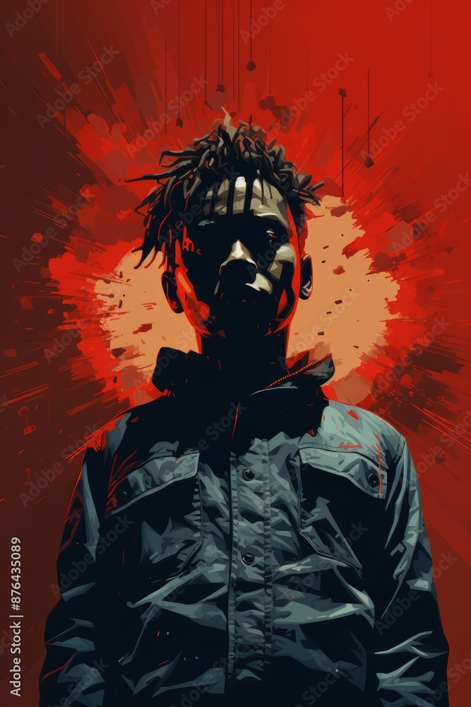 A digital illustration depicts a person with dark hair and a blue jacket standing in front of a red background that appears to be splattered with paint