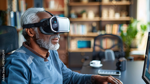 Senior Black Man Using VR Headset at Home Office Desk, Virtual Reality Technology Concept