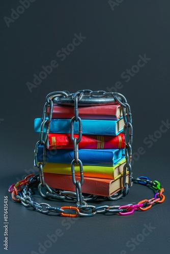 A stack of books of different colors and sizes wrapped in chains and locked with a padlock, concept of censorship, knowledge restriction, information protection
