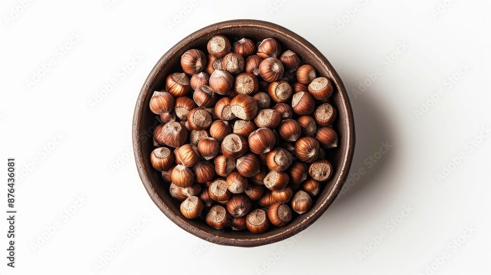 Fototapeta premium A wooden bowl filled with nuts on a white surface