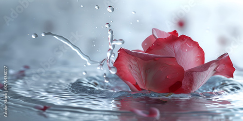 A red rose in water drops on a wet surface.
