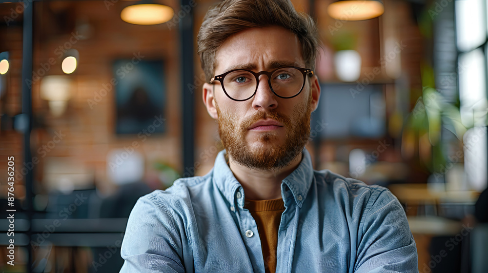 Fototapeta premium Serious Young Man with Glasses and a Beard Looking at Camera in a Busy Office Environment