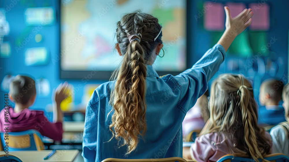 Girl Raising Hand In Classroom To Answer Teacher's Question With Other Students Raising Their Hands In Background Stock Photo Girl Raising Hand In Classroom To Answer Teacher's Question With Other Students Raising Their Hands In Background Stock Photo