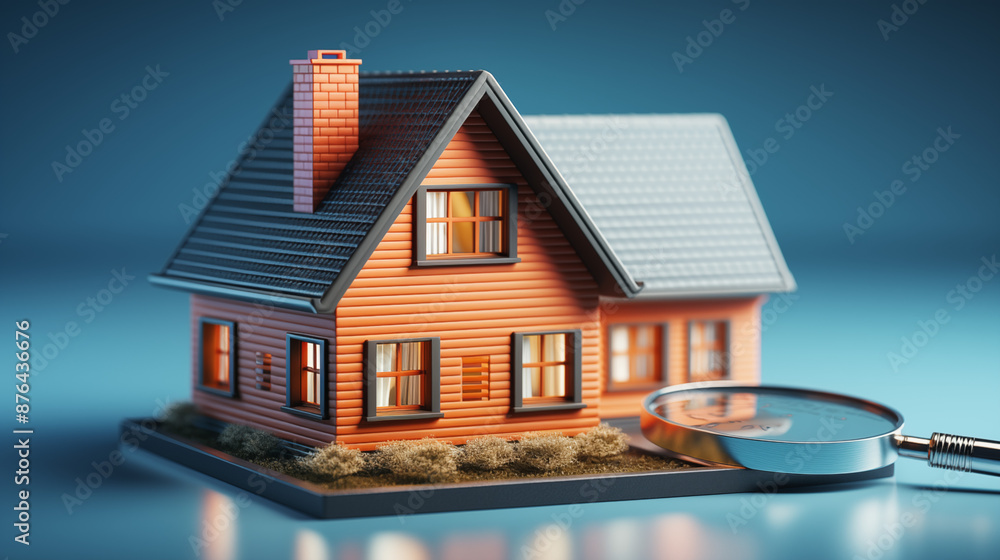 A Small Orange Model House with a Magnifying Glass . New Home, Business, Investment and Real Estate Concept A Small Orange Model House with a Magnifying Glass . New Home, Business, Investment and Real Estate Concept