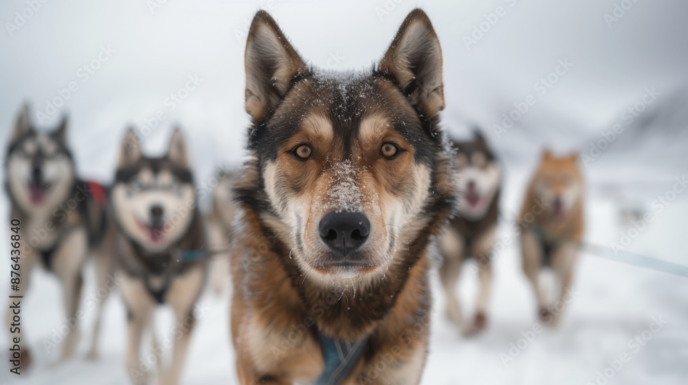 Huskies pull a sled through snow-covered Alaskan wilderness Huskies pull a sled through snow-covered Alaskan wilderness