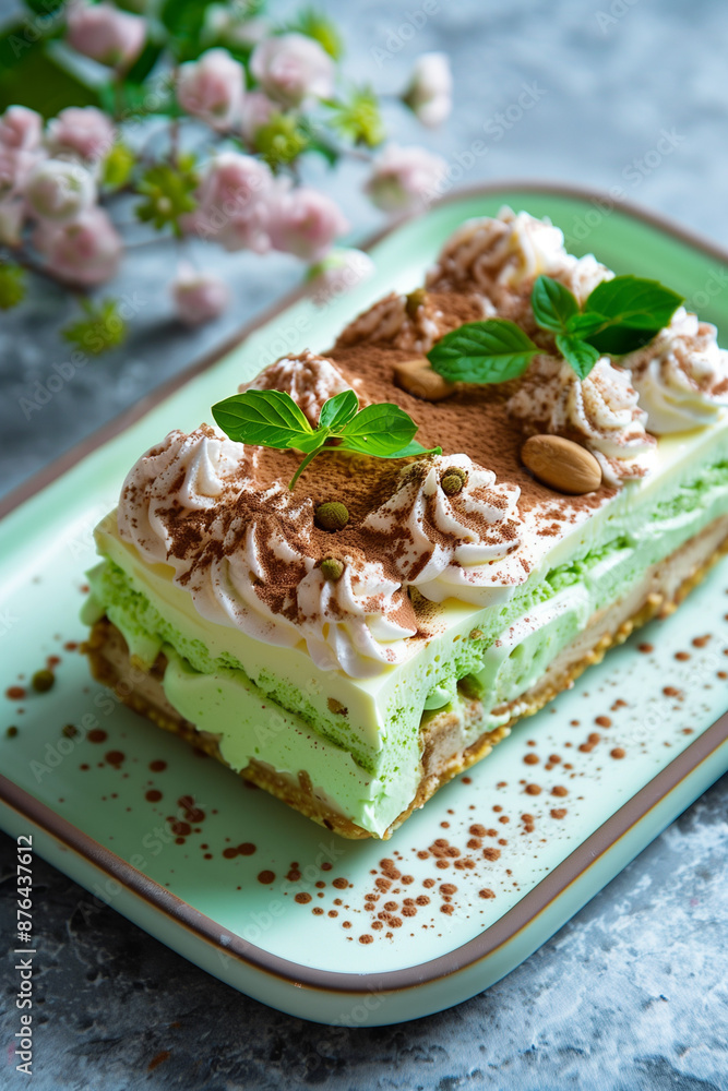Matcha Tiramisu with Mint Leaves on a Green Tray Matcha Tiramisu with Mint Leaves on a Green Tray