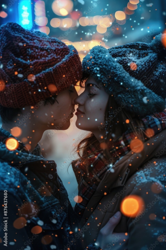 A romantic moment between two people in snowy environment A romantic moment between two people in snowy environment
