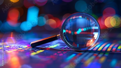 A magnifying glass over financial data charts and graphs for stock market analysis in a real photo style with a bokeh background