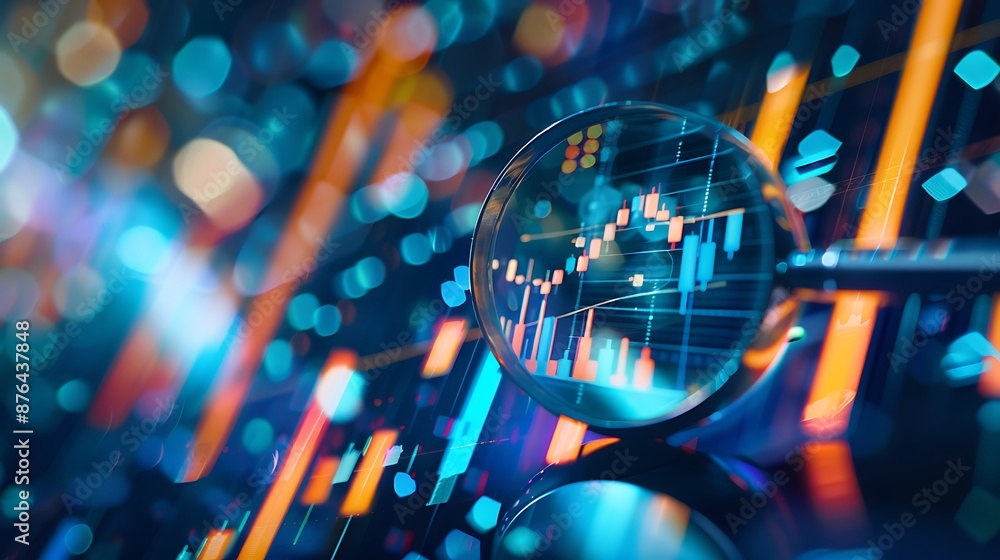Detailed stock market analysis with a magnifying glass over financial data charts and graphs in a real photo style with a bokeh background for in-depth study Detailed stock market analysis with a magnifying glass over financial data charts and graphs in a real photo style with a bokeh background for in-depth study