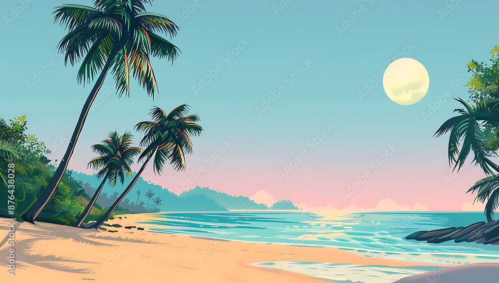 Obraz premium Paradise, Paradise, A beautiful beach with palm trees and the sun set