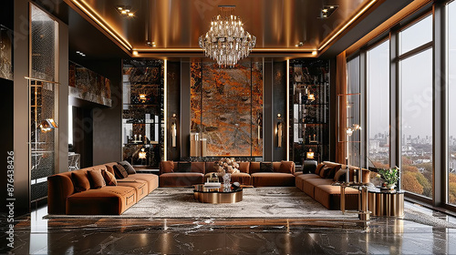 Wallpaper Mural Luxury Modern Living Room Interior With Marble Floor, Brown Sofa, Crystal Chandelier And City View From Big Window At Sunset 3d Rendering Torontodigital.ca