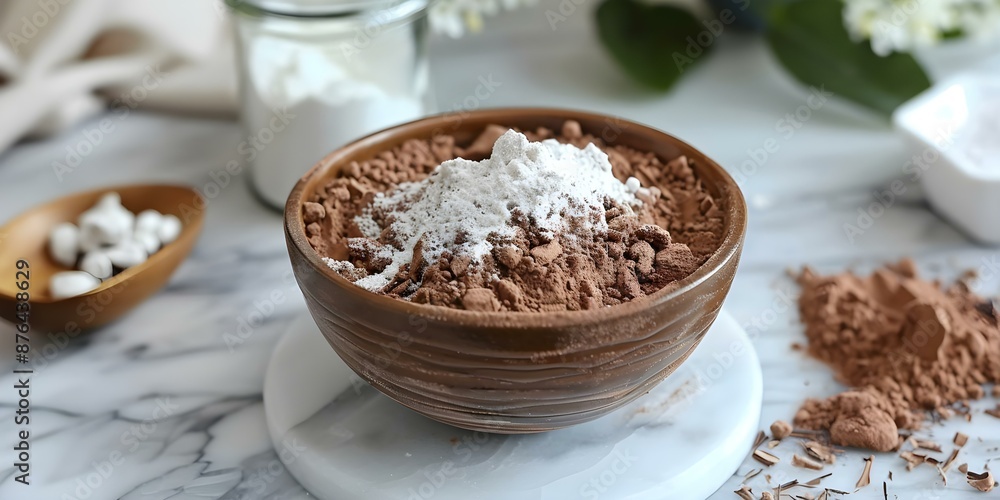 DIY dry shampoo made with cornstarch baking soda cacao and essential oils. Concept DIY, Dry Shampoo, Cornstarch, Baking Soda, Cacao, Essential Oils DIY dry shampoo made with cornstarch baking soda cacao and essential oils. Concept DIY, Dry Shampoo, Cornstarch, Baking Soda, Cacao, Essential Oils
